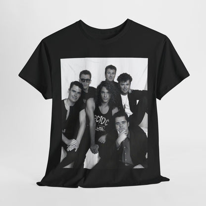A black graphic t-shirt featuring an 80s rock aesthetic graphic of INXS.