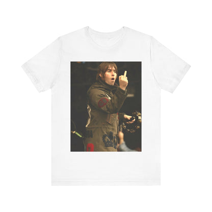 A black graphic t-shirt featuring a graphic of Liam Gallagher from Oasis giving the middle finger during a concert.
