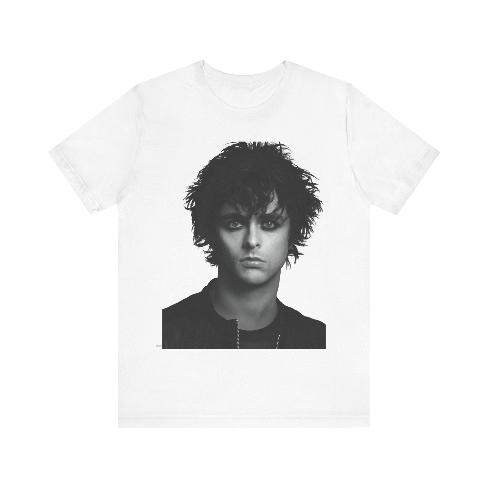 A black graphic t-shirt featuring a black and white portrait photo of Billie Joe Armstrong from Green Day.