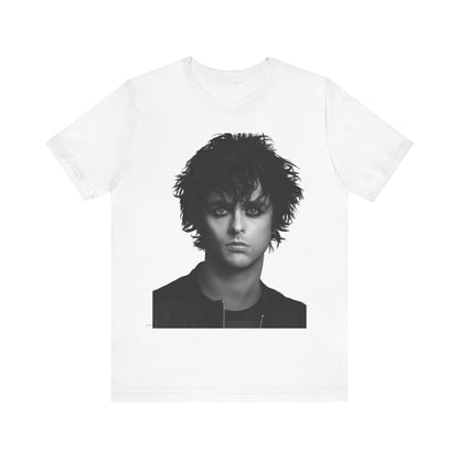 A black graphic t-shirt featuring a black and white portrait photo of Billie Joe Armstrong from Green Day.
