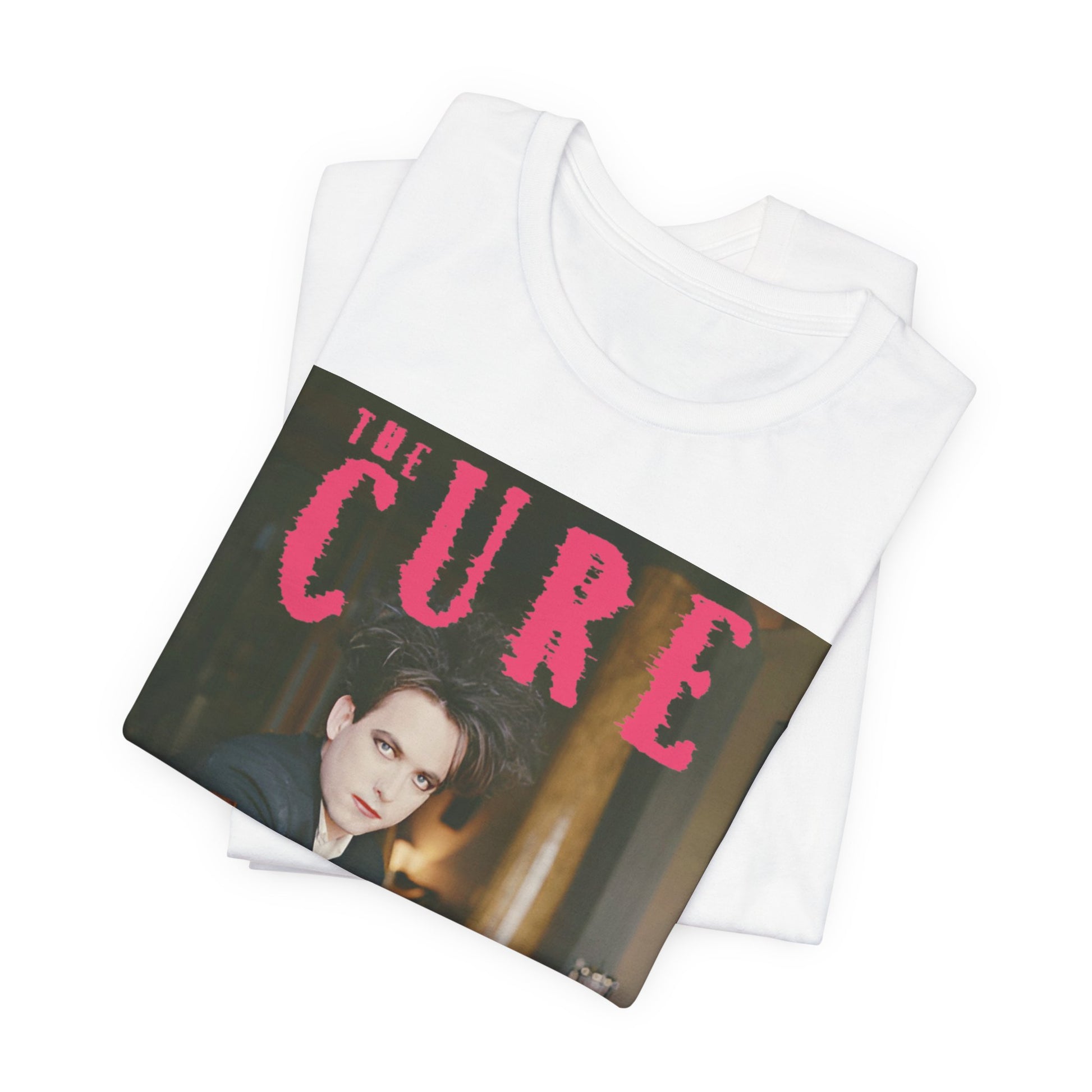 A black graphic t-shirt featuring a retro graphic related to The Cure's 'Disintegration' album era.