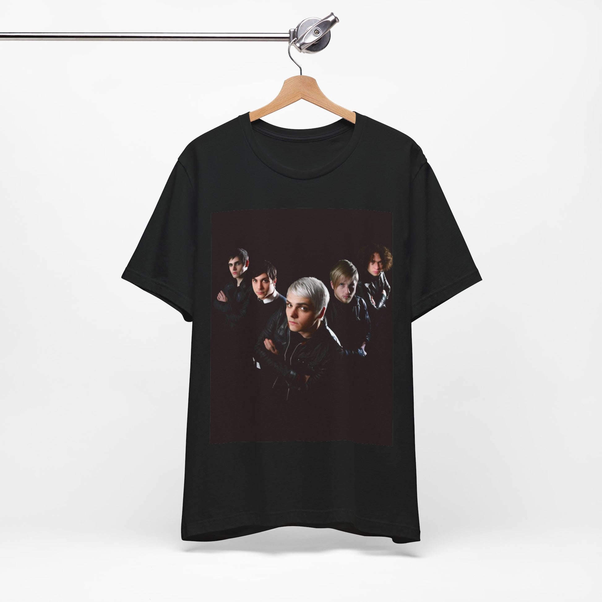 A black graphic t-shirt featuring a modern rock graphic of My Chemical Romance.