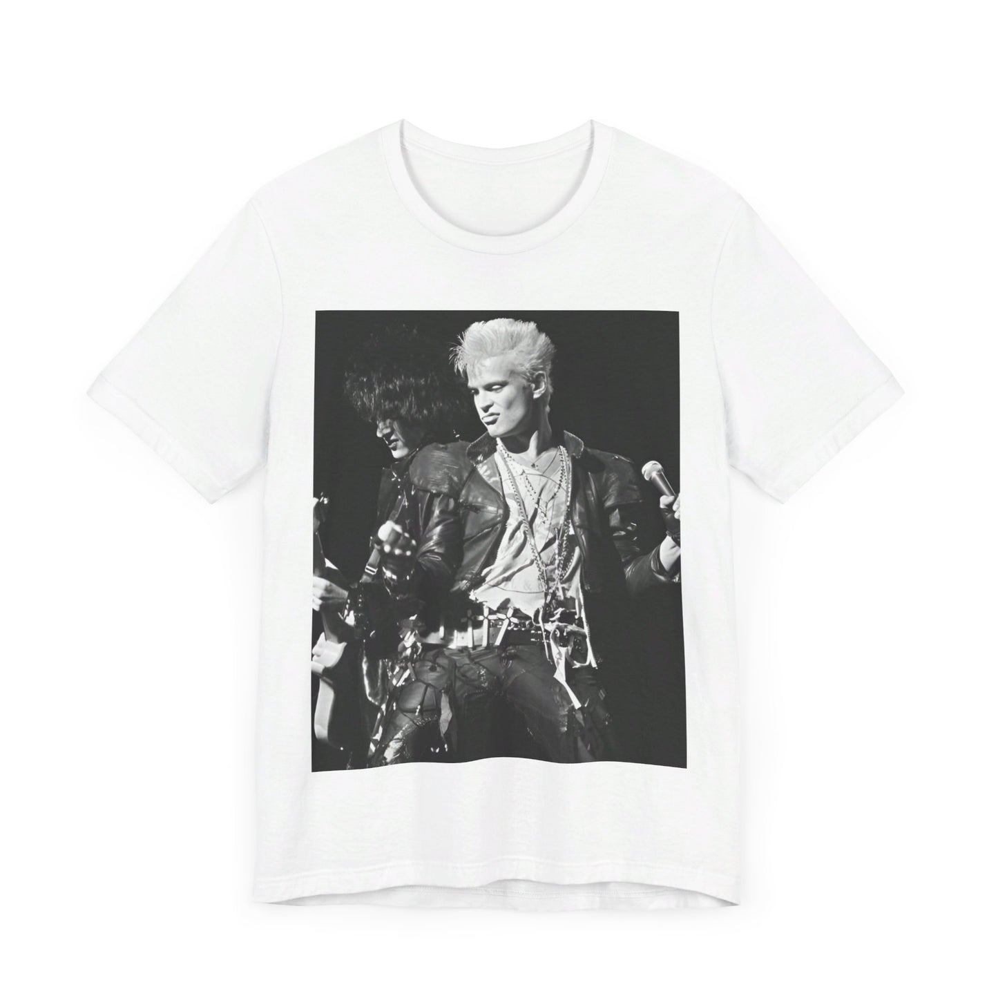 A black graphic t-shirt featuring a live concert graphic of Billy Idol, designed for a comfortable fit.