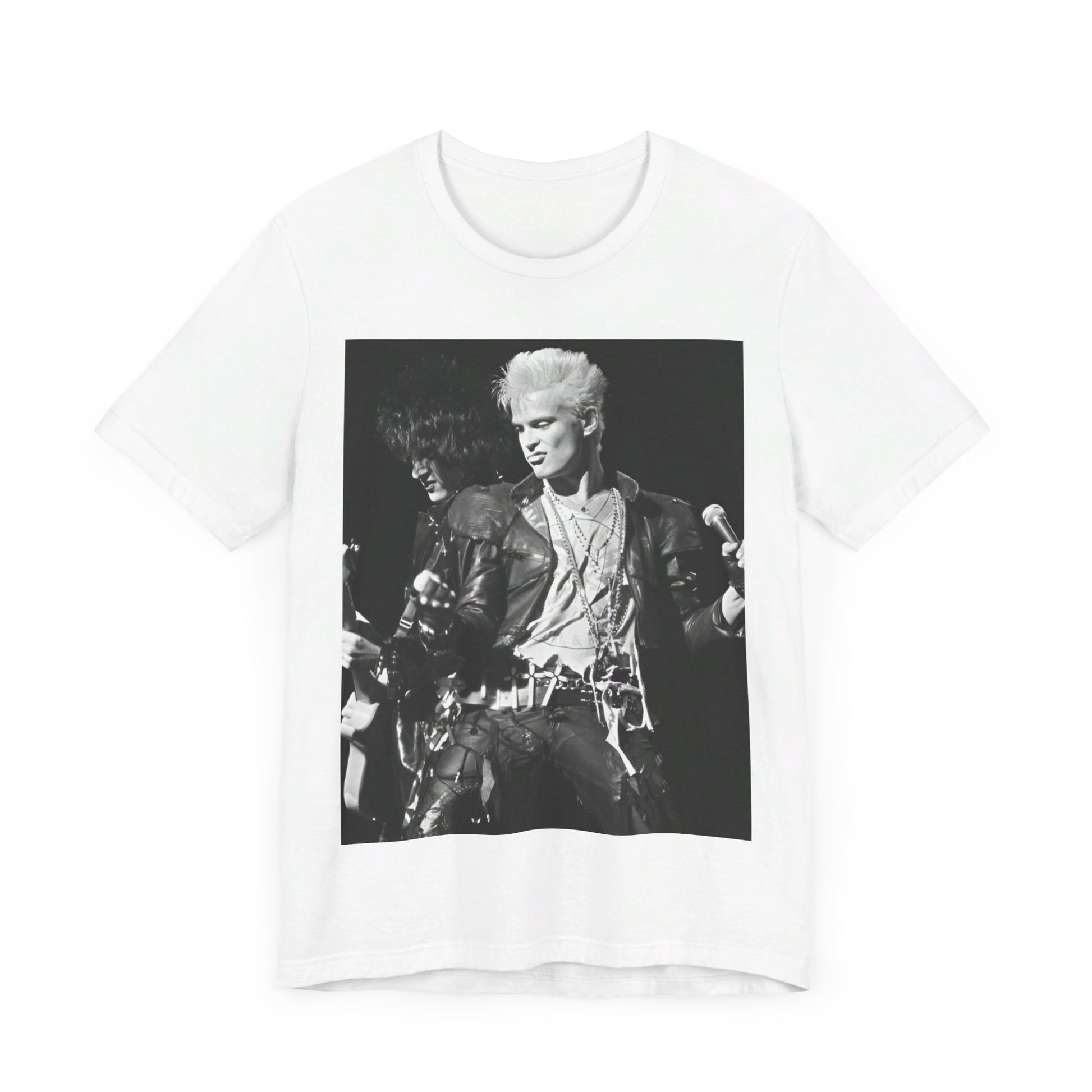 A black graphic t-shirt featuring a live concert graphic of Billy Idol, designed for a comfortable fit.
