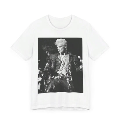 A black graphic t-shirt featuring a live concert graphic of Billy Idol, designed for a comfortable fit.