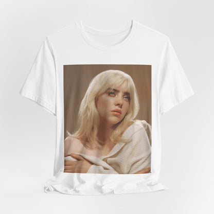 The iconic visual of Billie Eilish with black tears streaming down her face from the 'when the party's over' music video, printed on a t-shirt.