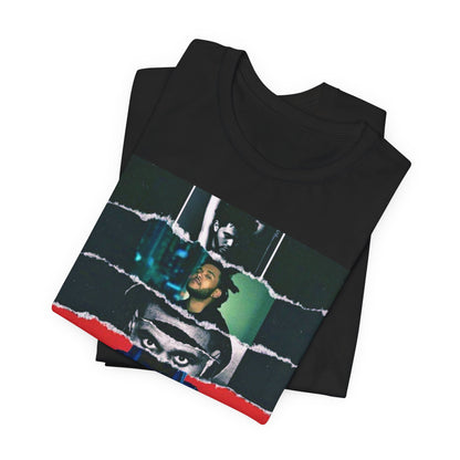 A black graphic t-shirt featuring a graphic representing different aesthetic eras of The Weeknd.