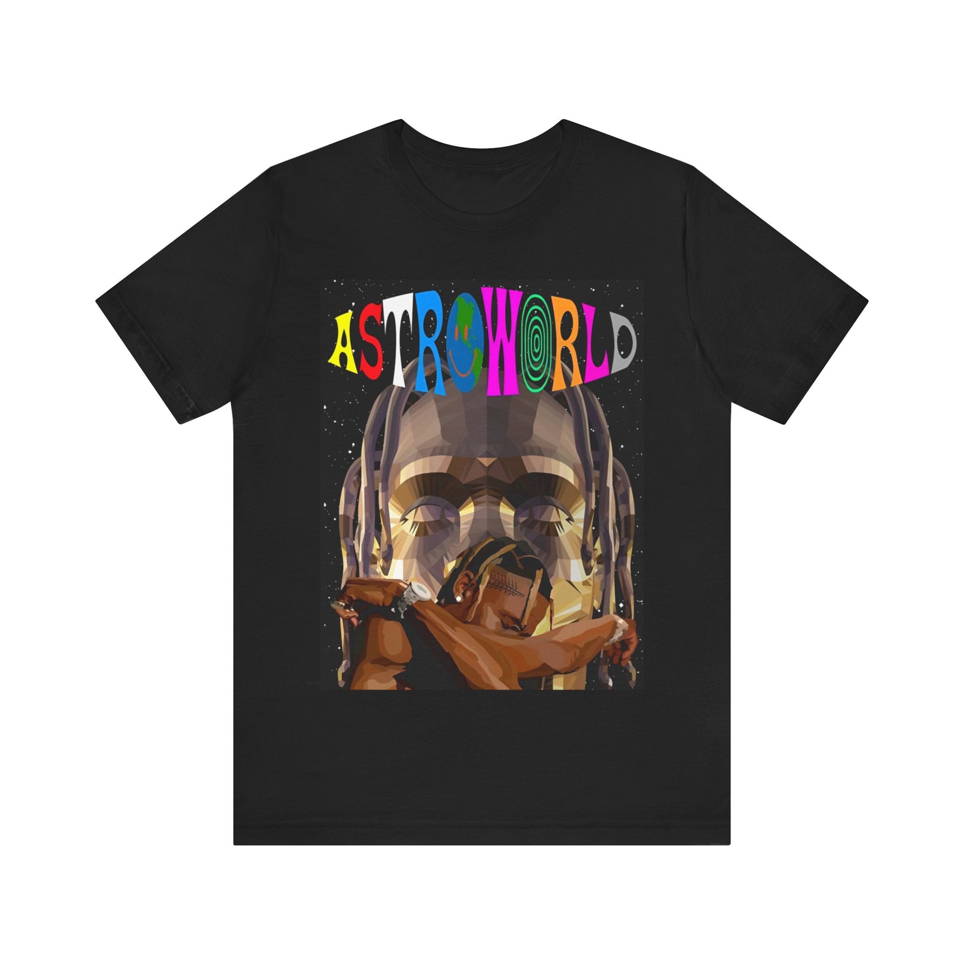 A black graphic t-shirt featuring a graphic related to Travis Scott's Astroworld album era.