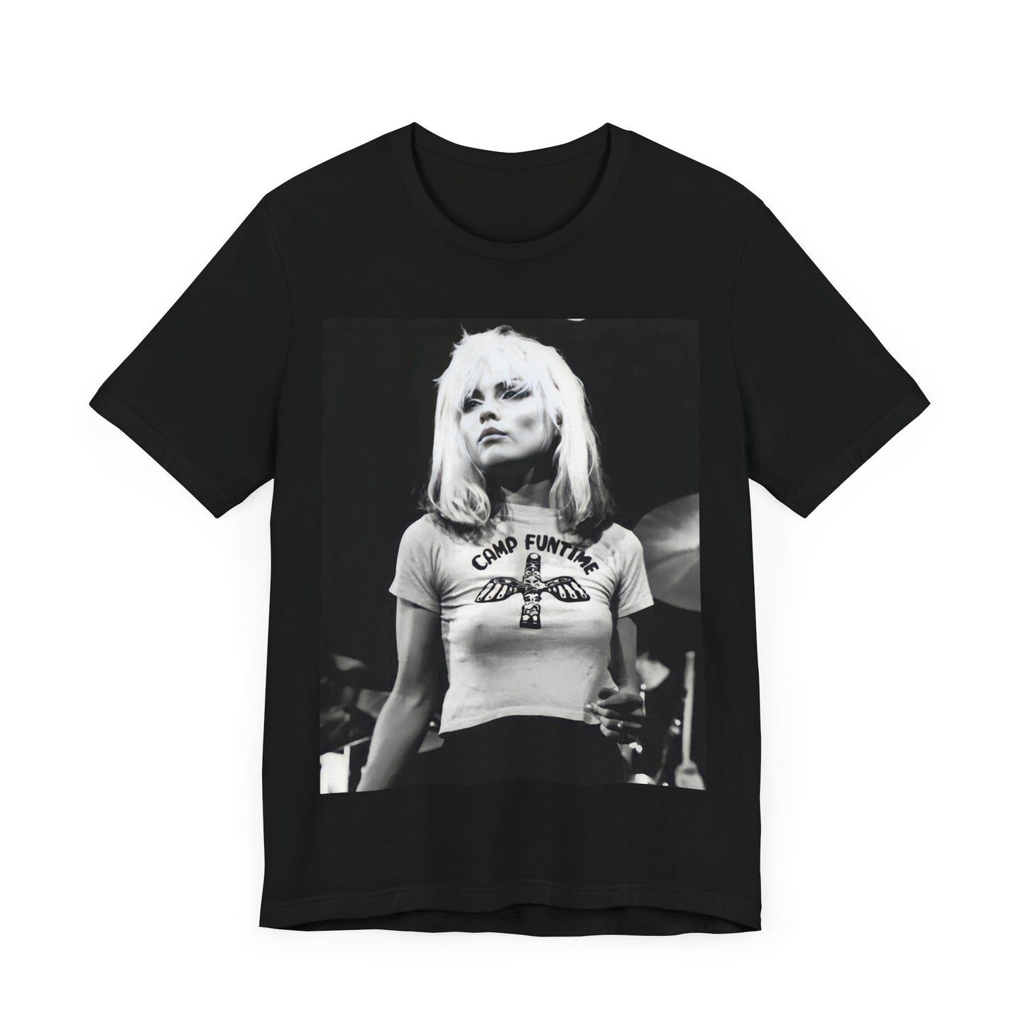 A black graphic t-shirt featuring a classic graphic or photo of Blondie performing live on stage.
