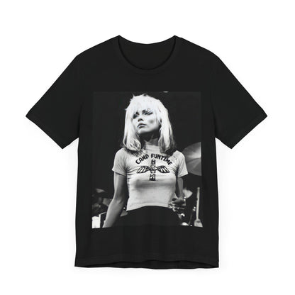 A black graphic t-shirt featuring a classic graphic or photo of Blondie performing live on stage.