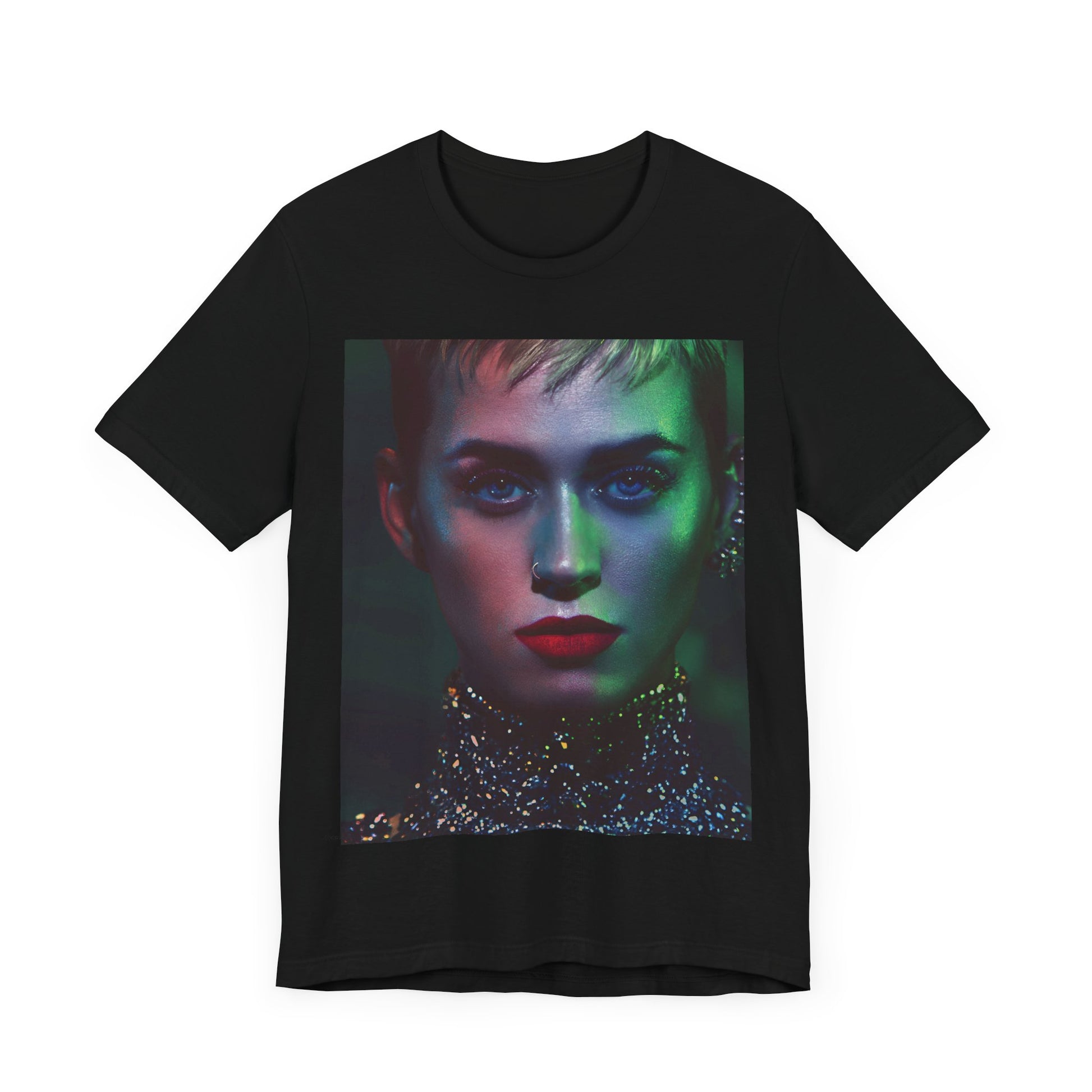 A black graphic t-shirt featuring a neon aesthetic graphic of Katy Perry.
