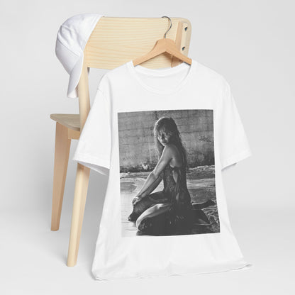 A black graphic t-shirt featuring a black and white, monochrome graphic or photo of Sabrina Carpenter.