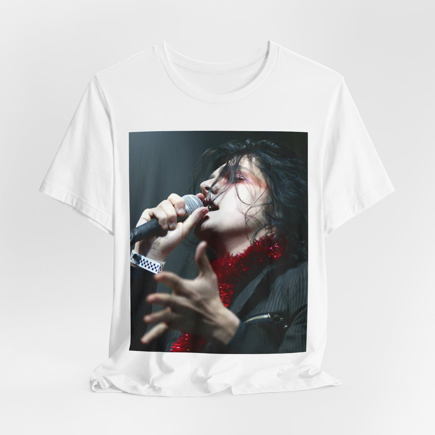 A black graphic t-shirt featuring an emo graphic of Gerard Way from My Chemical Romance.