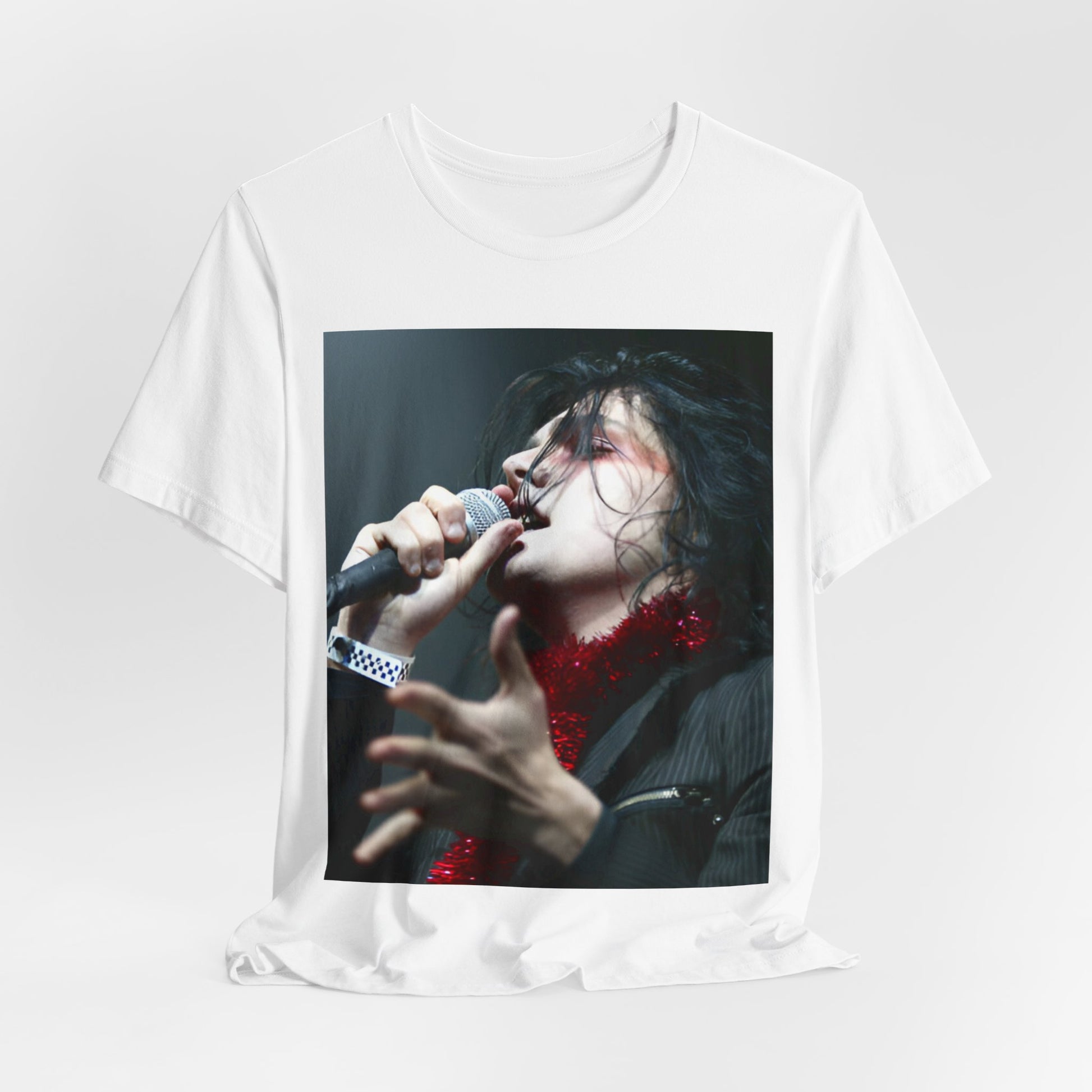 A black graphic t-shirt featuring an emo graphic of Gerard Way from My Chemical Romance.