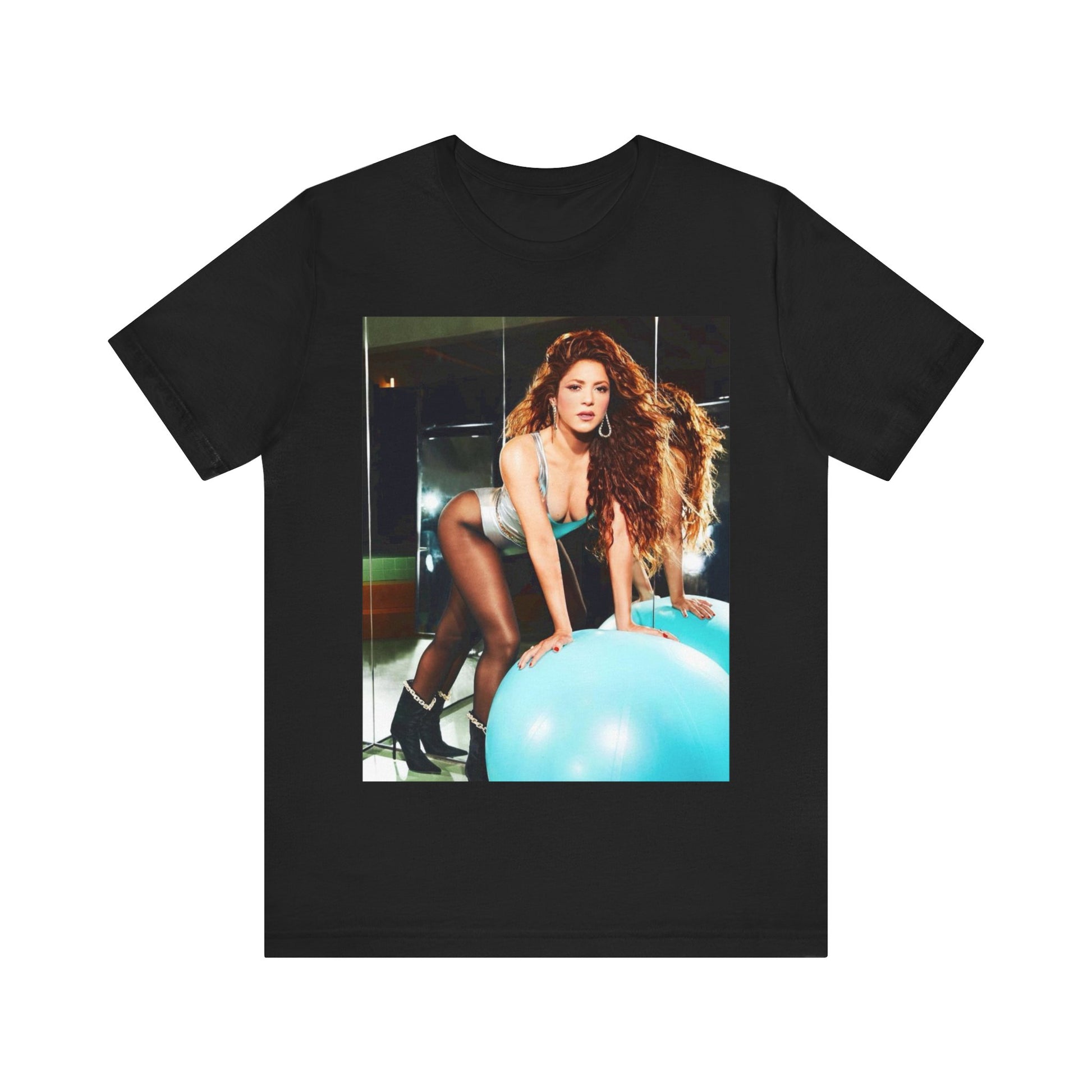 A black graphic t-shirt featuring an iconic fashion pop star graphic of Shakira.