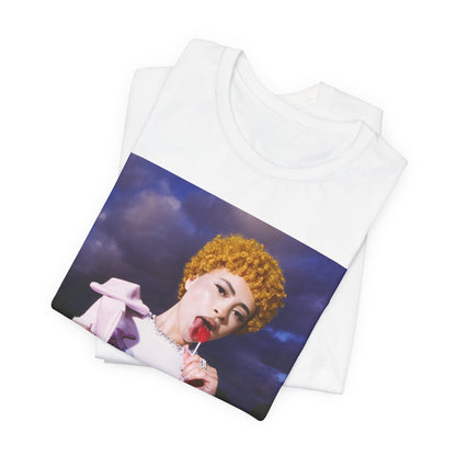 A black graphic t-shirt featuring a boxy rap graphic of Ice Spice with Bronx style elements.