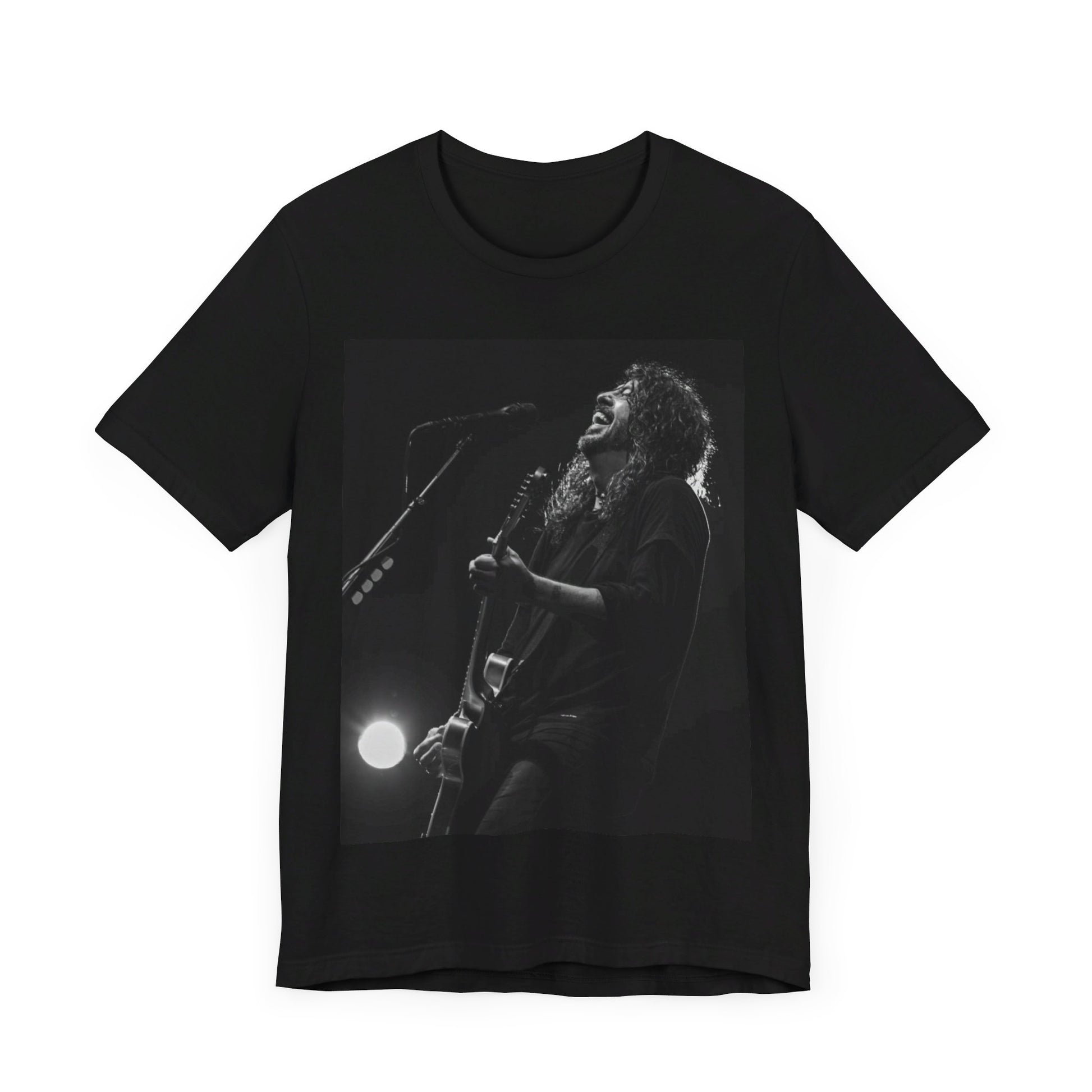 A black graphic t-shirt featuring a graphic of Dave Grohl from Foo Fighters as a rock legend.