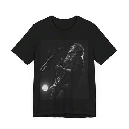 A black graphic t-shirt featuring a graphic of Dave Grohl from Foo Fighters as a rock legend.