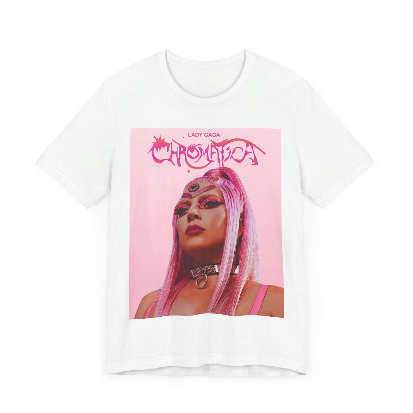 A black graphic t-shirt featuring a graphic related to Lady Gaga's 'Chromatica' album.