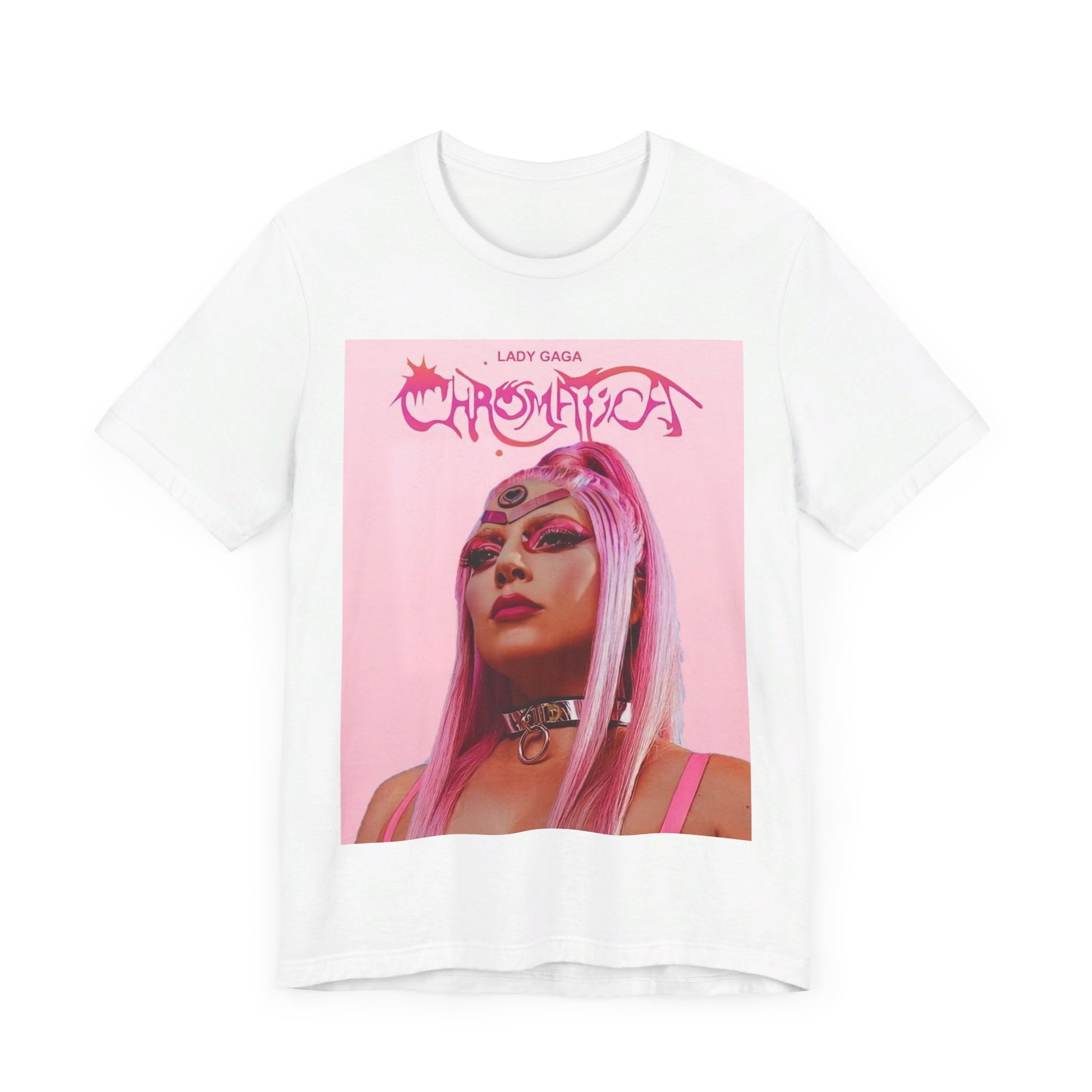 A black graphic t-shirt featuring a graphic related to Lady Gaga's 'Chromatica' album.