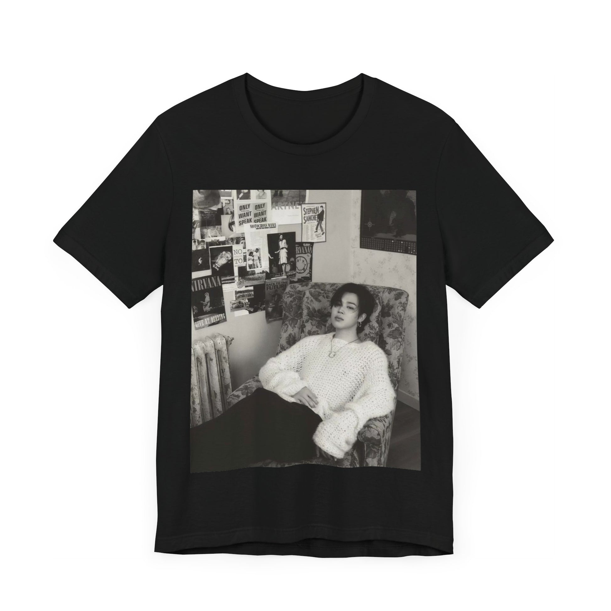 A black graphic t-shirt featuring a black and white portrait photo of Jimin.