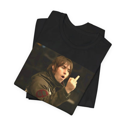 A black graphic t-shirt featuring a graphic of Liam Gallagher from Oasis giving the middle finger during a concert.
