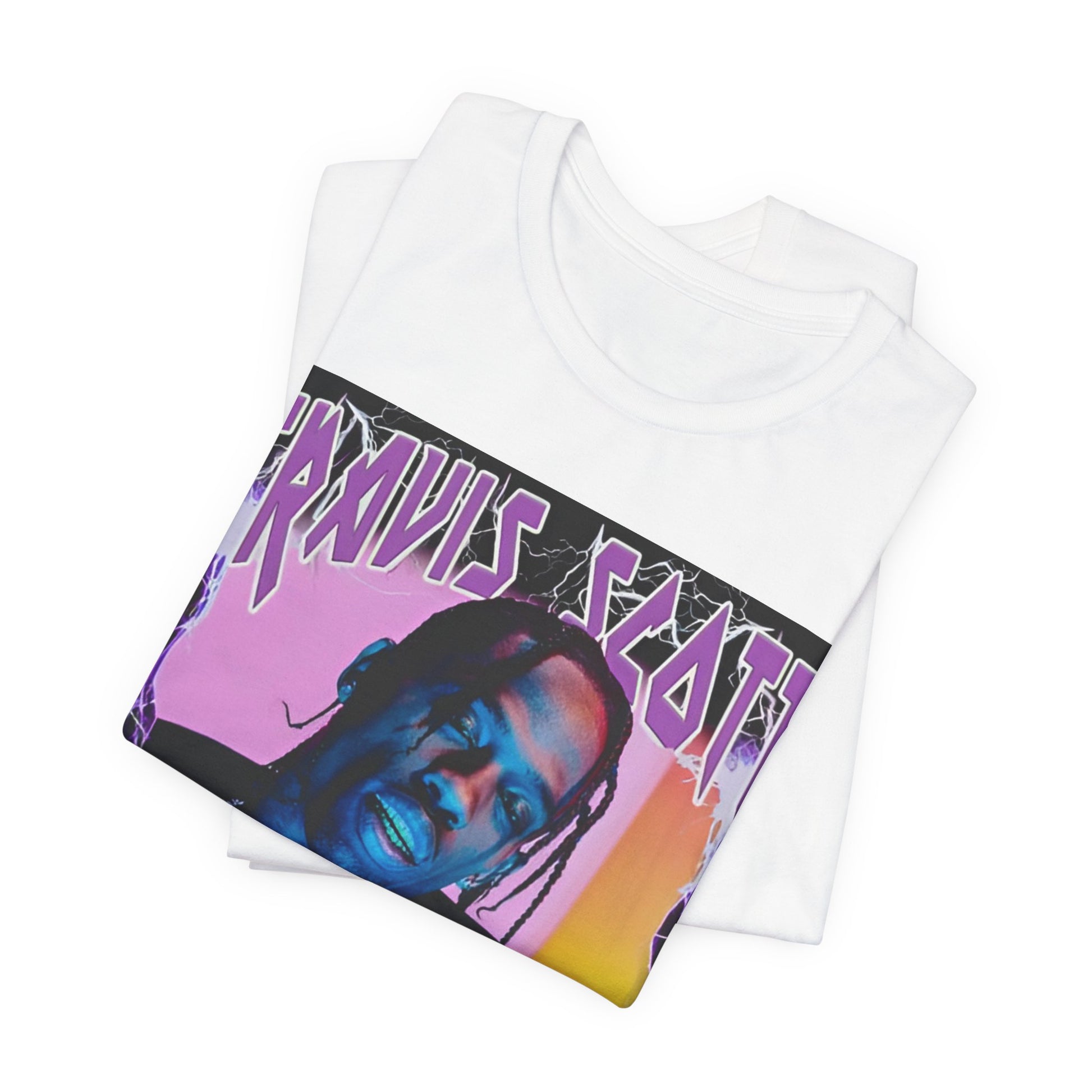 A black graphic t-shirt featuring a retro bootleg graphic of Travis Scott.