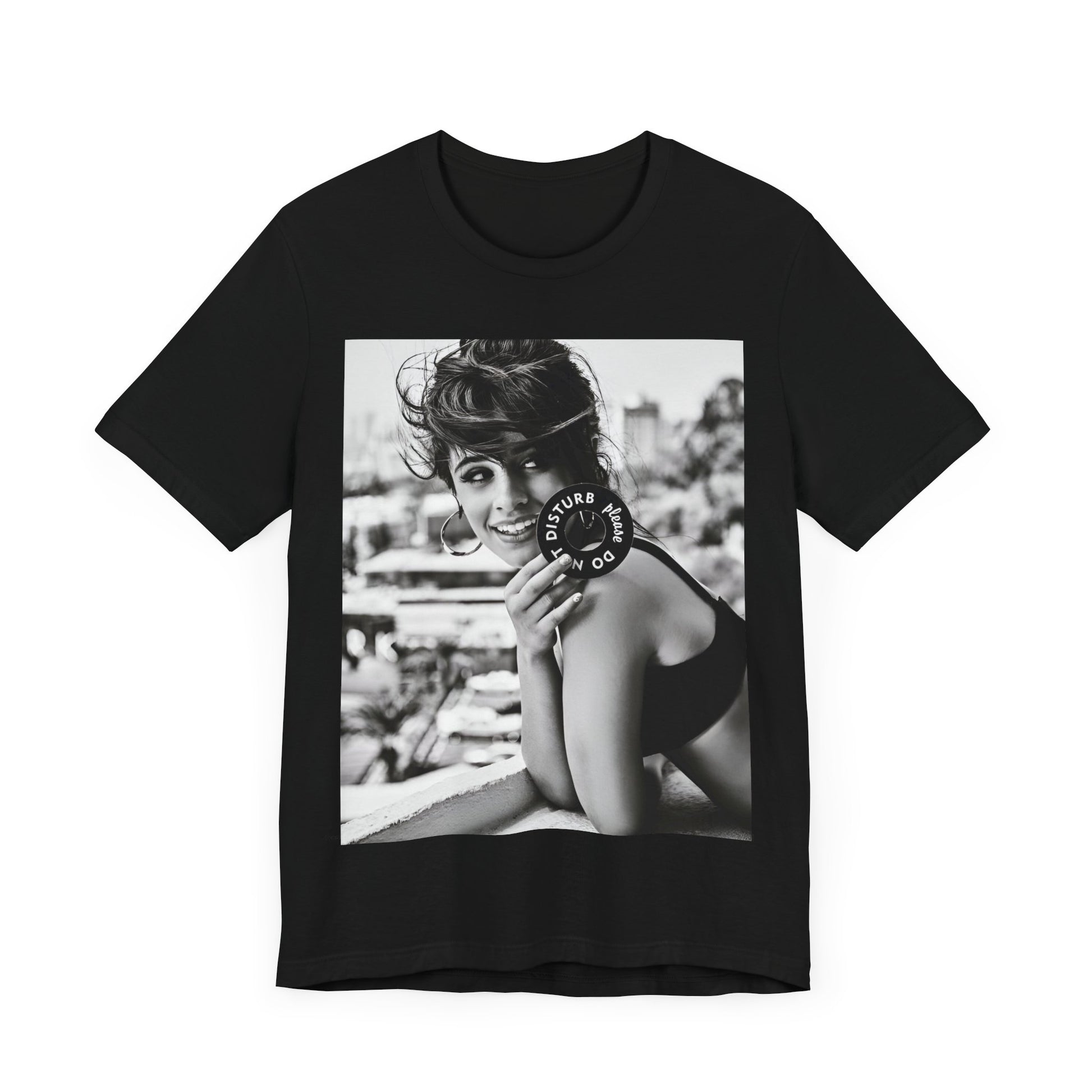 A black graphic t-shirt featuring a black and white photo or graphic of Camila Cabello in an iconic style.
