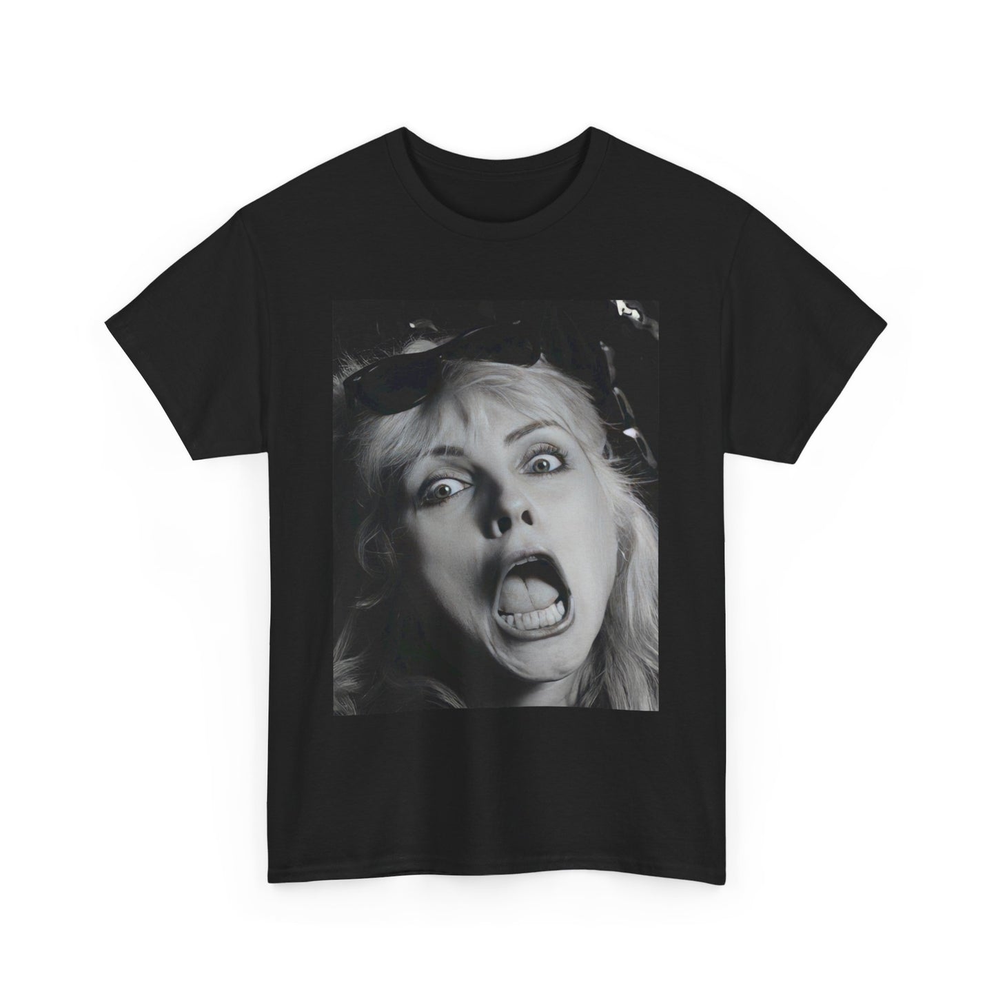 A black graphic t-shirt featuring a retro pop-style graphic of Debbie Harry from Blondie.