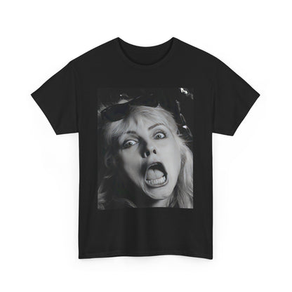 A black graphic t-shirt featuring a retro pop-style graphic of Debbie Harry from Blondie.