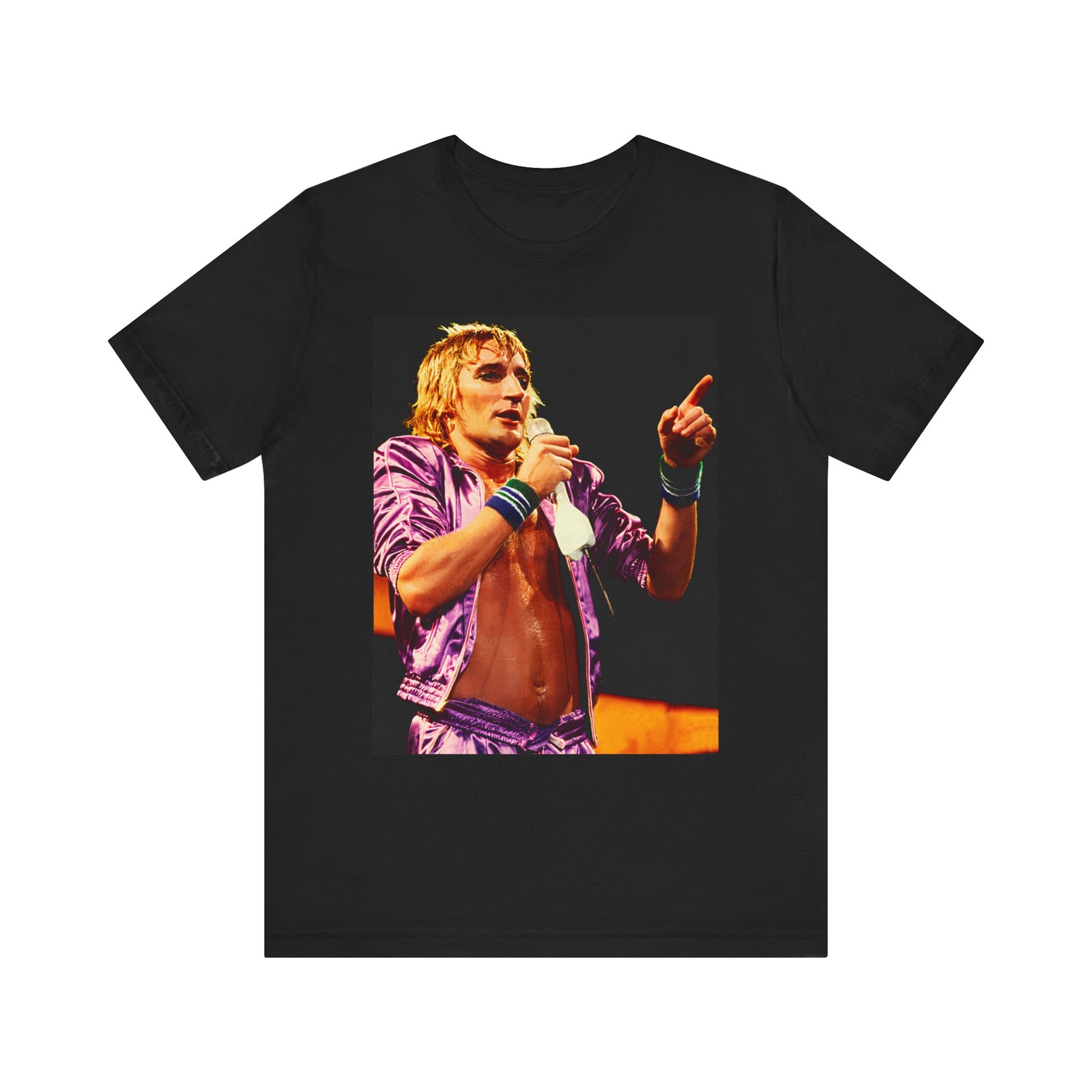 A black graphic t-shirt featuring a graphic of Rod Stewart with a chill 70s rock aesthetic.