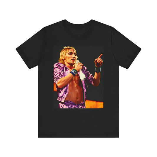 A black graphic t-shirt featuring a graphic of Rod Stewart with a chill 70s rock aesthetic.