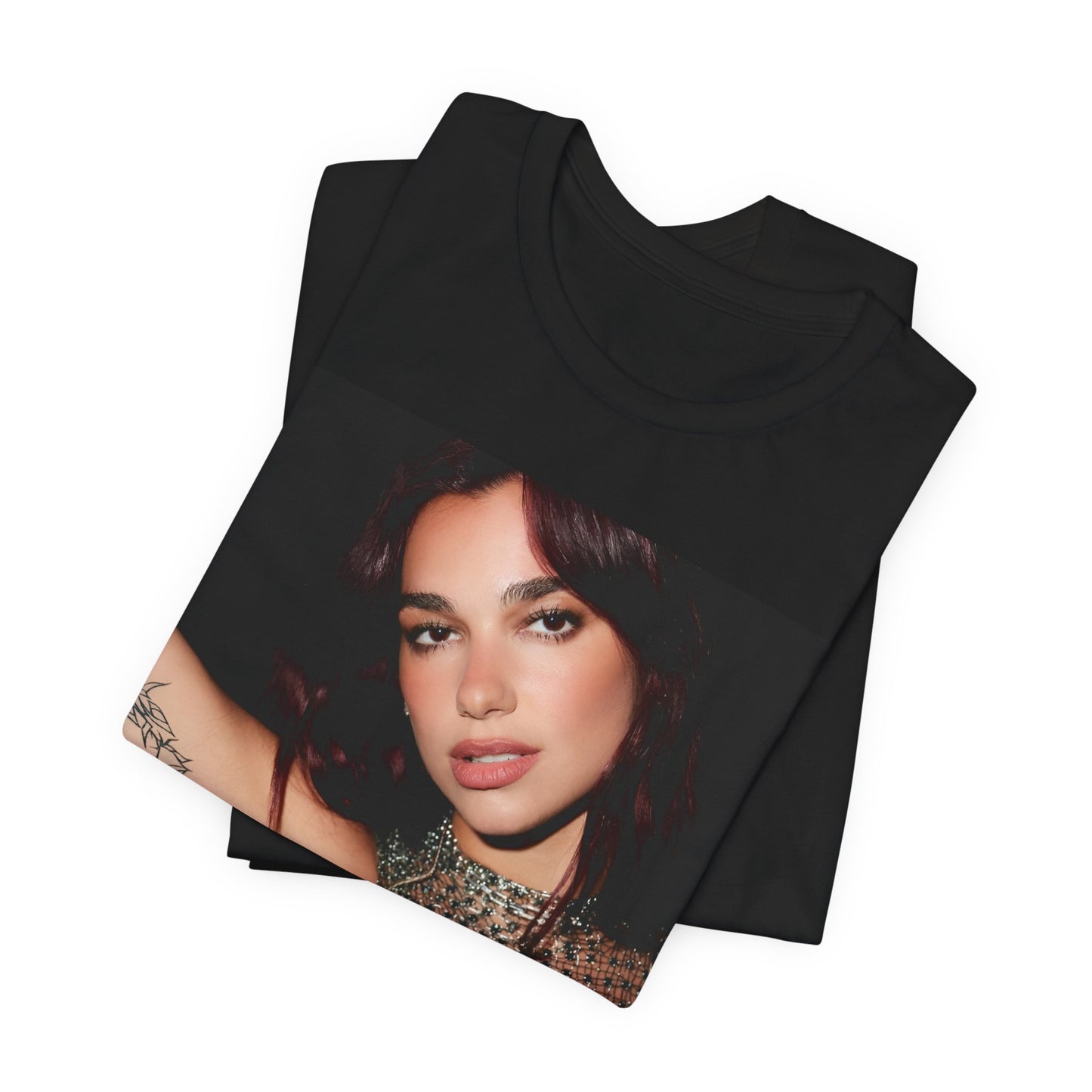 A black graphic t-shirt featuring a retro graphic inspired by Dua Lipa's "Don't Start Now" song.