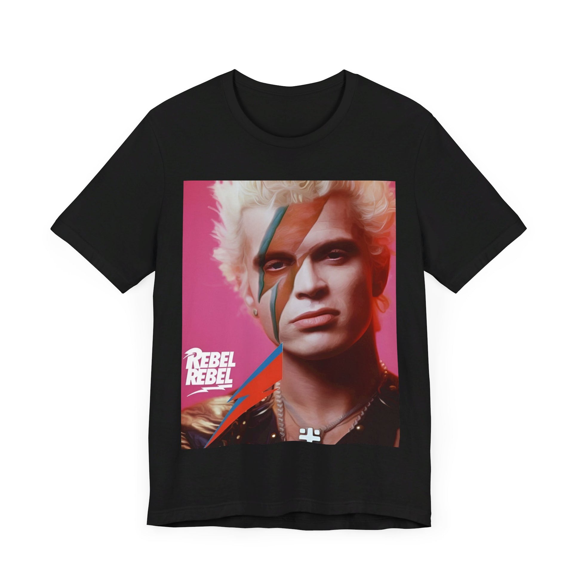 A black graphic t-shirt featuring a retro 80s aesthetic graphic of Billy Idol.