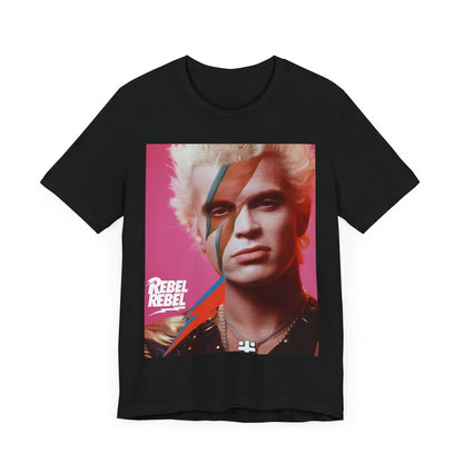 A black graphic t-shirt featuring a retro 80s aesthetic graphic of Billy Idol.
