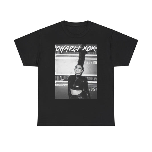 A black graphic t-shirt featuring a graphic of Charli XCX with a chill hyperpop aesthetic.