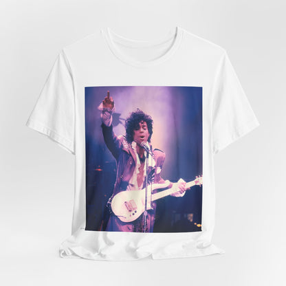 A black graphic t-shirt featuring a boxy graphic with a 'Purple Rain' vibe related to Prince.
