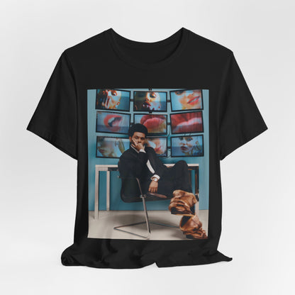 A black graphic t-shirt featuring an aesthetic graphic of The Weeknd.