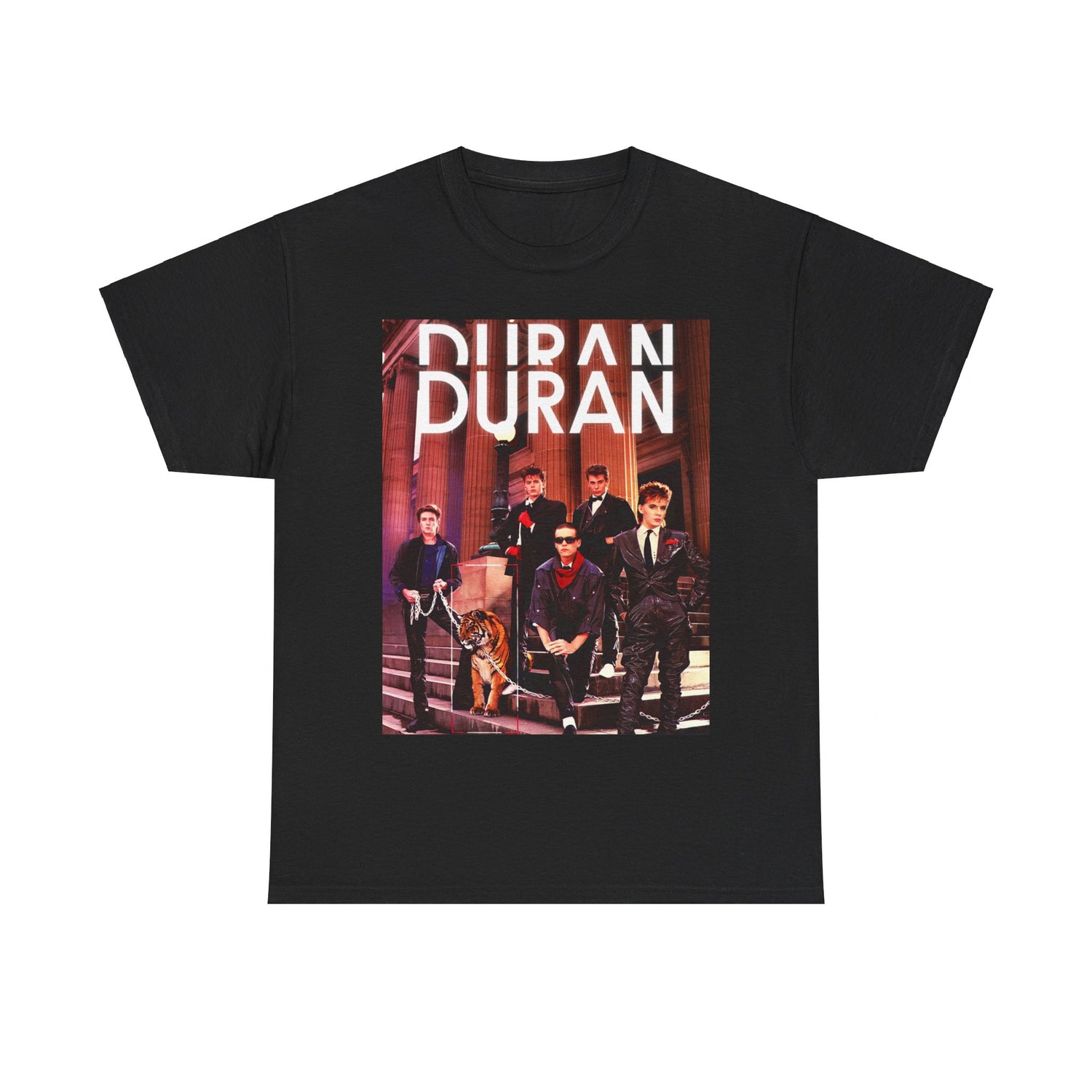A black graphic t-shirt featuring a vintage 80s new wave graphic of Duran Duran.