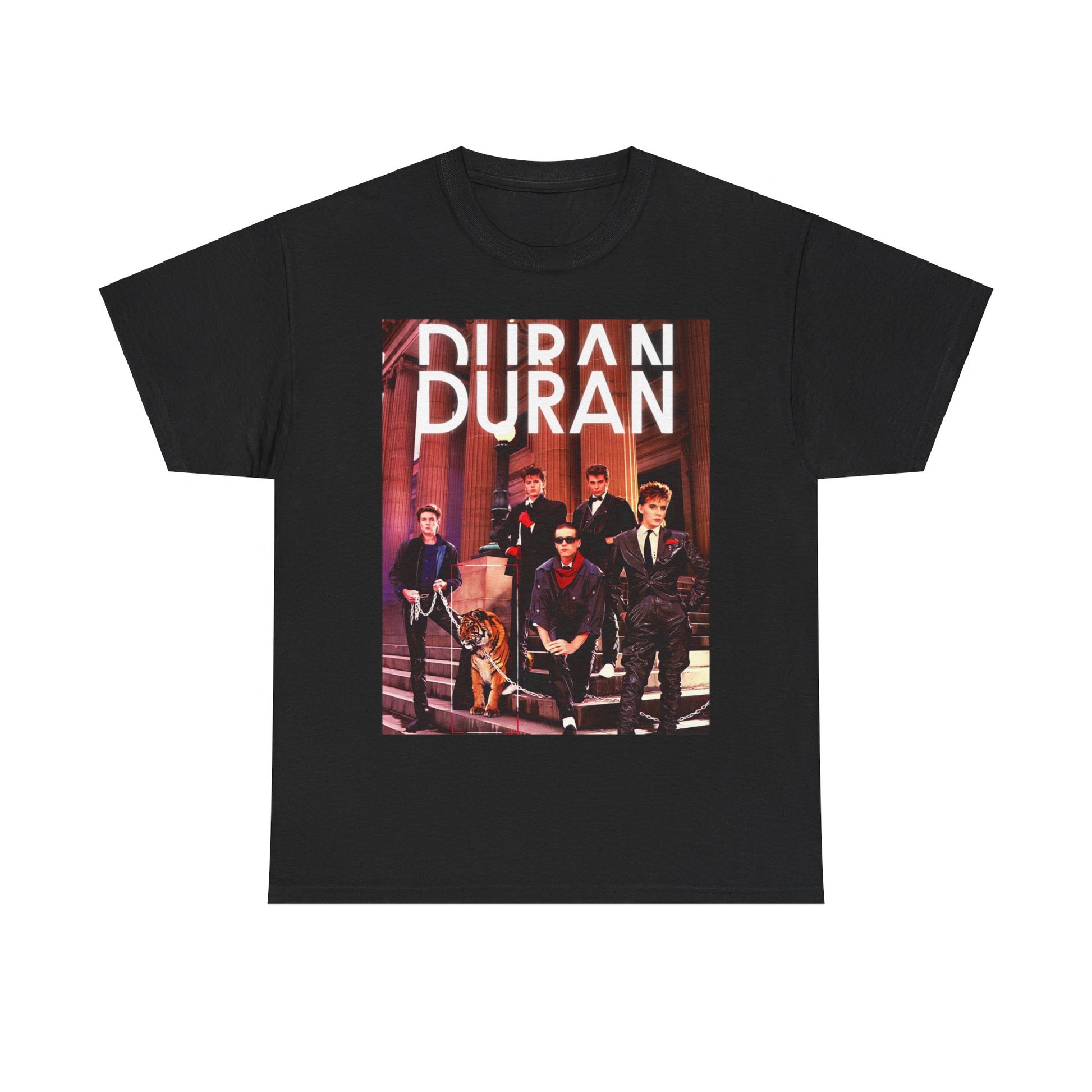 A black graphic t-shirt featuring a vintage 80s new wave graphic of Duran Duran.