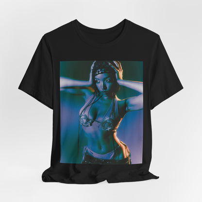 A black graphic t-shirt featuring a graphic of Tinashe as a choreography queen.