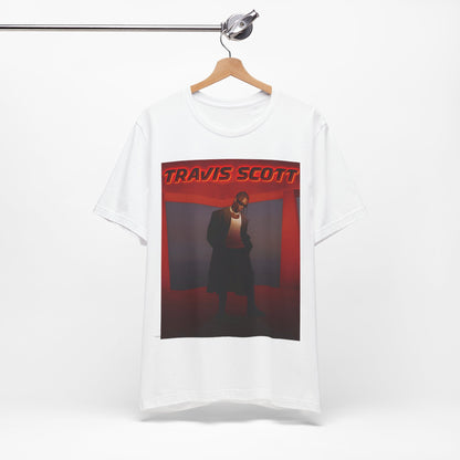 A black graphic t-shirt featuring a graphic of Travis Scott with a dreamy rap soundscape aesthetic.