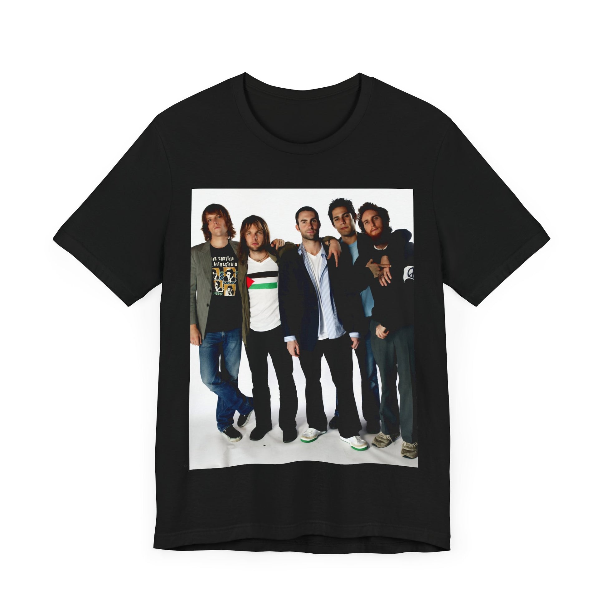 A scrapbook-style collage of various photos of the band Maroon 5 from a classic era, printed on a graphic t-shirt