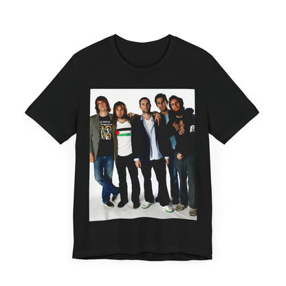 A scrapbook-style collage of various photos of the band Maroon 5 from a classic era, printed on a graphic t-shirt
