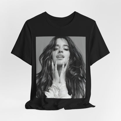 A black graphic t-shirt featuring a black and white portrait photo of Camila Cabello.