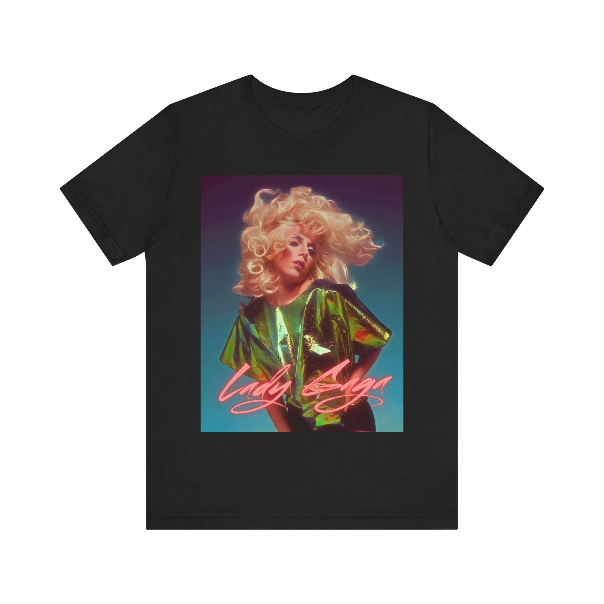 A black graphic t-shirt featuring a retro photo of Lady Gaga with neon lighting or effects.
