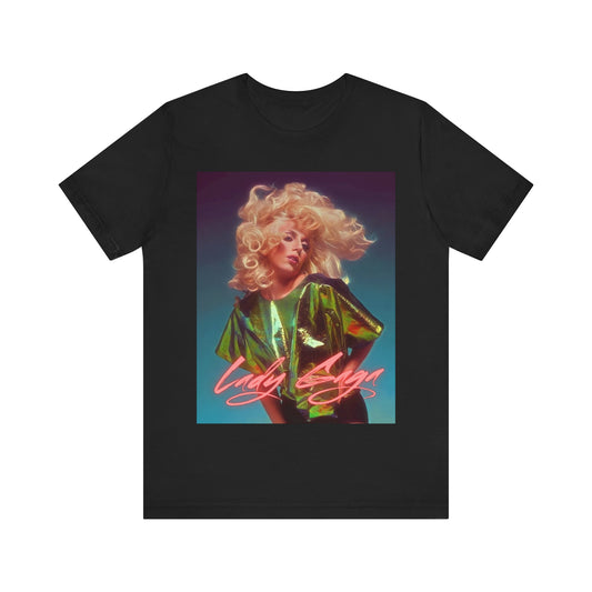 A black graphic t-shirt featuring a retro photo of Lady Gaga with neon lighting or effects.