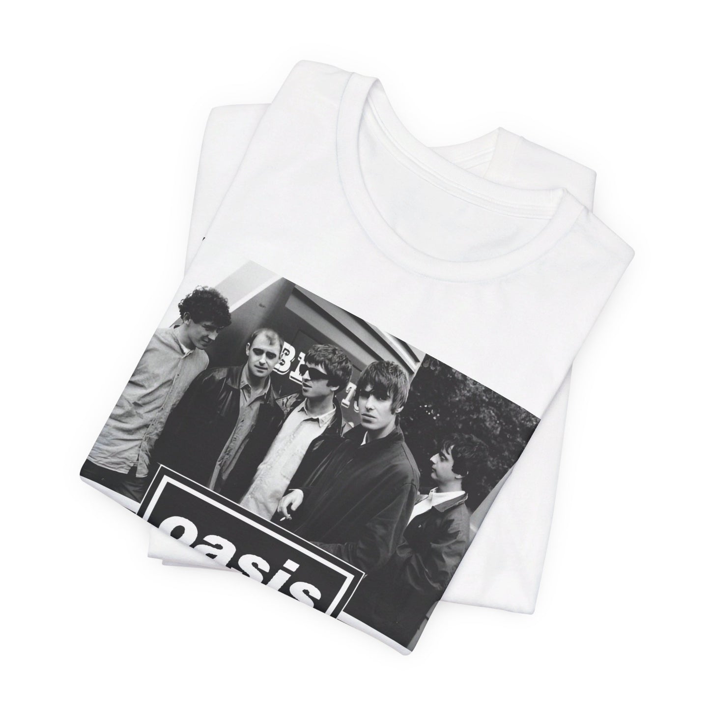 A black graphic t-shirt featuring an early days band photo graphic of Oasis.