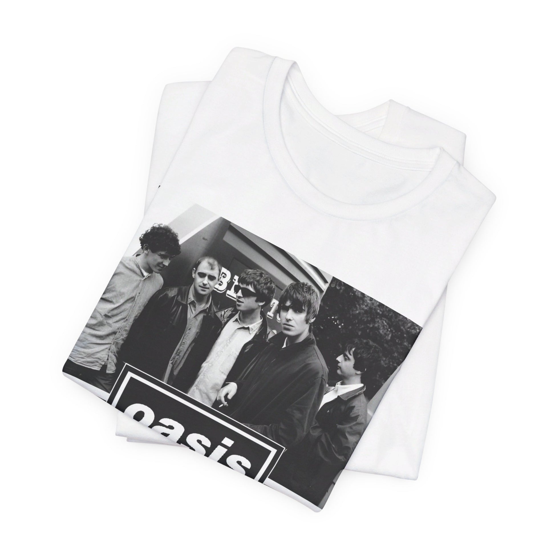 A black graphic t-shirt featuring an early days band photo graphic of Oasis.