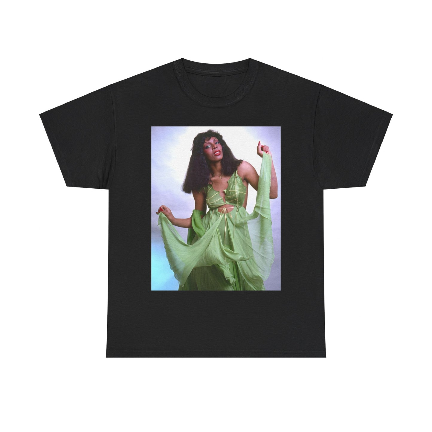 A black graphic t-shirt featuring an 80s pop icon aesthetic graphic of Donna Summer.